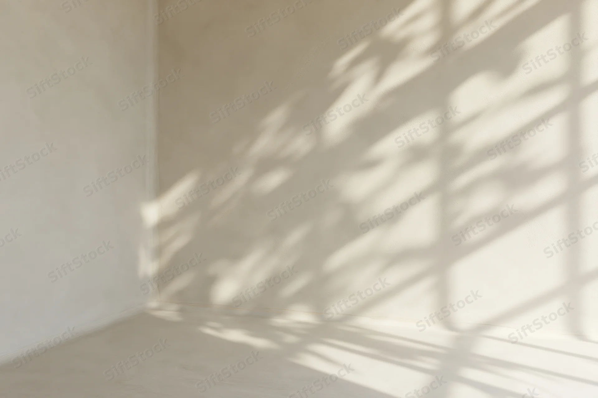 Empty cream-white corner room with sunlight casting window shadow on walls and floor