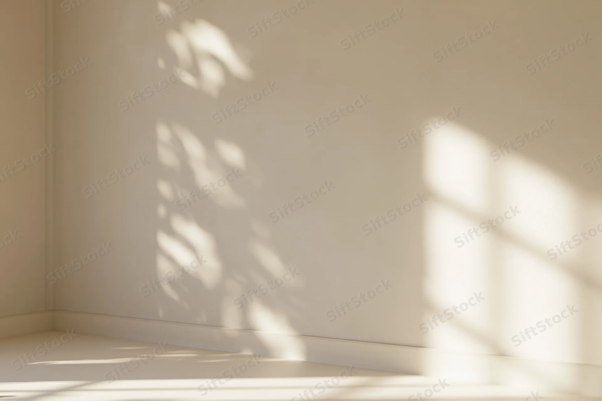Empty cream-white corner room with sunlight casting leaf and window shadows on bare walls and floor
