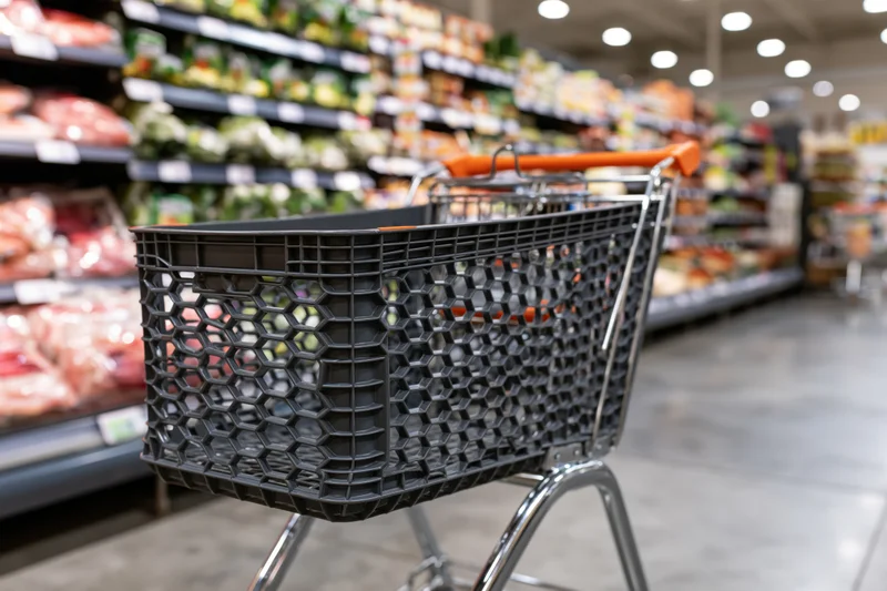 Empty dark grey plastic shopping cart with orange handle in a supermarket aisle lined with refrigerated food shelves