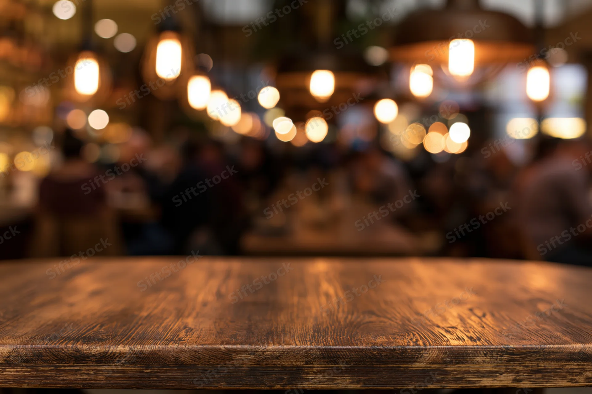Empty wooden table in a warmly lit restaurant with blurred patrons and pendant lights in the background