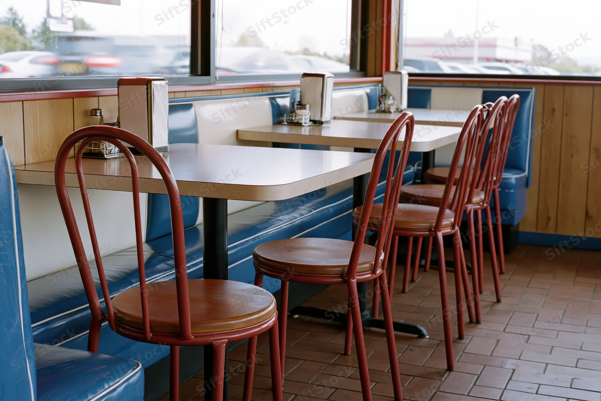 Empty diner booth with formica tables and red chairs by window