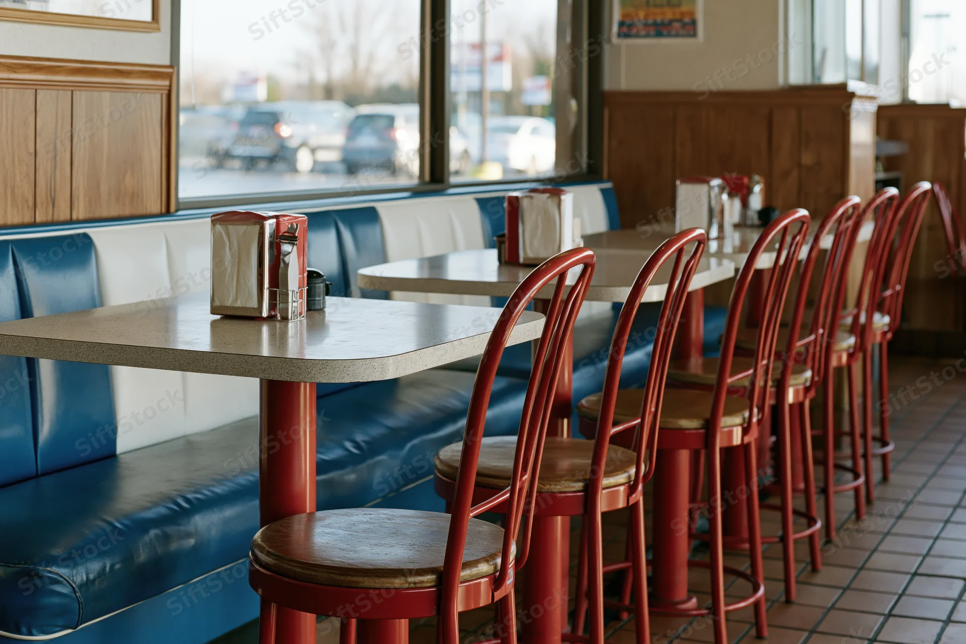 Empty diner booth interior with formica tables and red chairs by a window overlooking a parking lot
