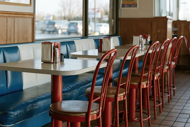 Empty diner booth interior with formica tables and red chairs by a window overlooking a parking lot