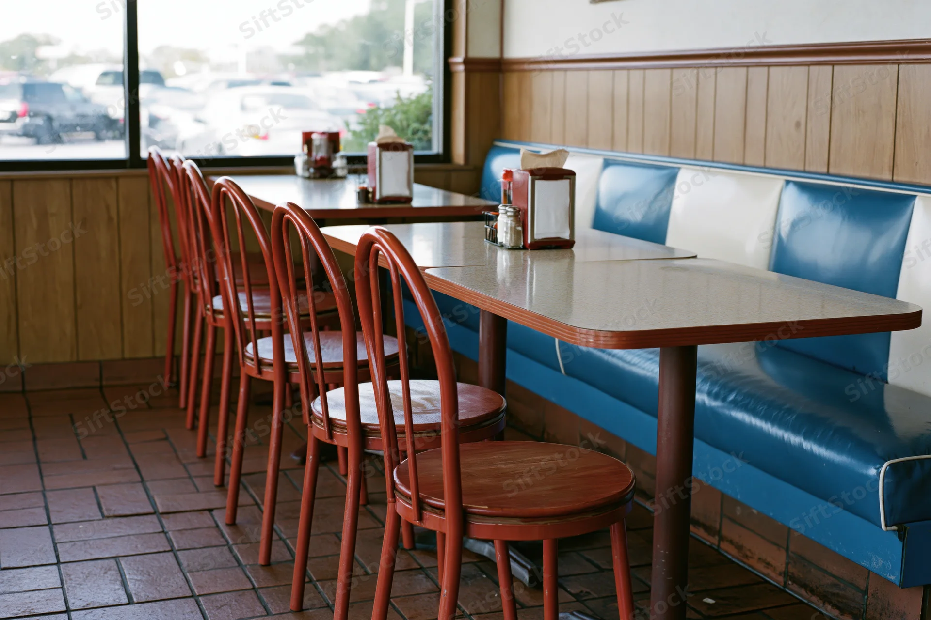 Empty diner booth with formica tables and red chairs by a window overlooking a parking lot
