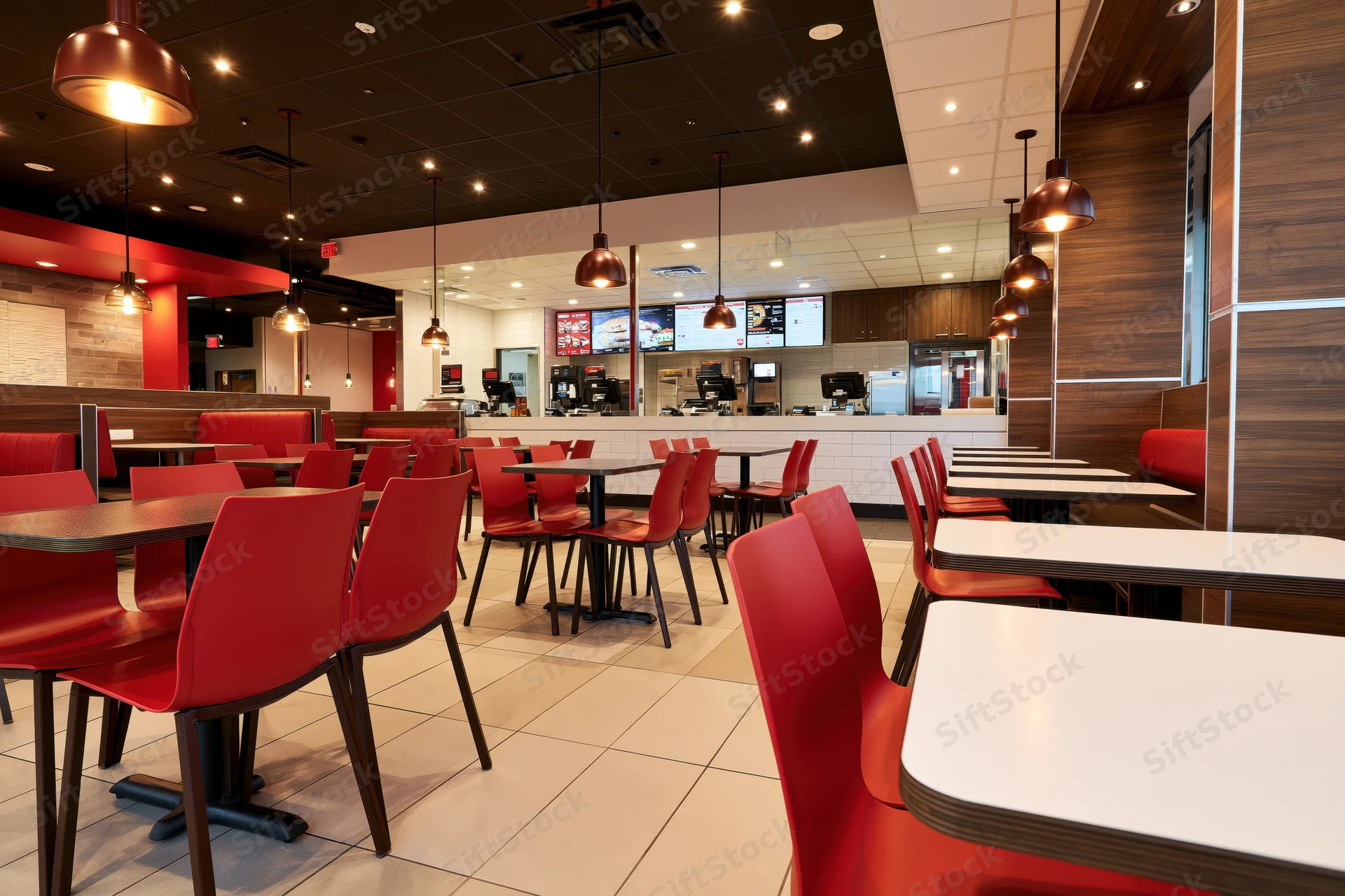 Empty fast food restaurant interior with red chairs and white tables during off-peak hours
