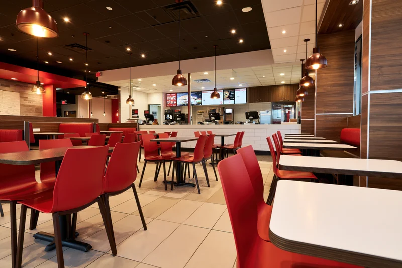 Empty fast food restaurant interior with red chairs and white tables during off-peak hours