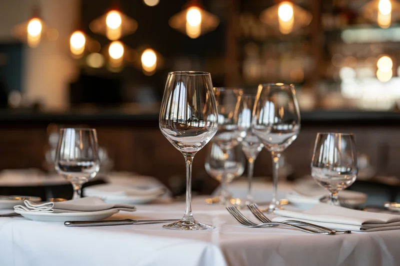 Fine dining table set with wine glasses and silverware on white cloth in restaurant interior