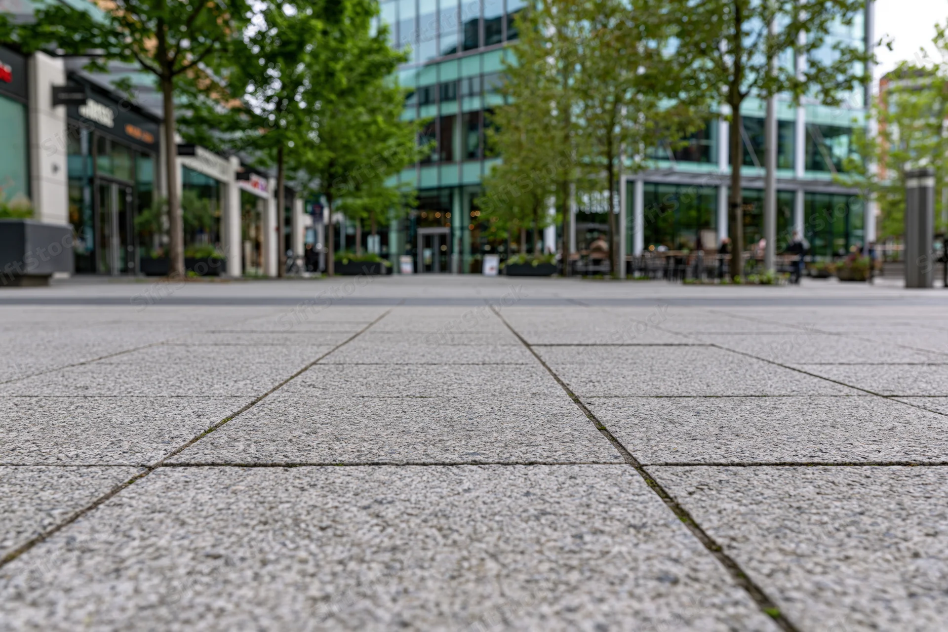 Low-angle view of gray stone pavement in a modern urban plaza with glass buildings and trees in the background