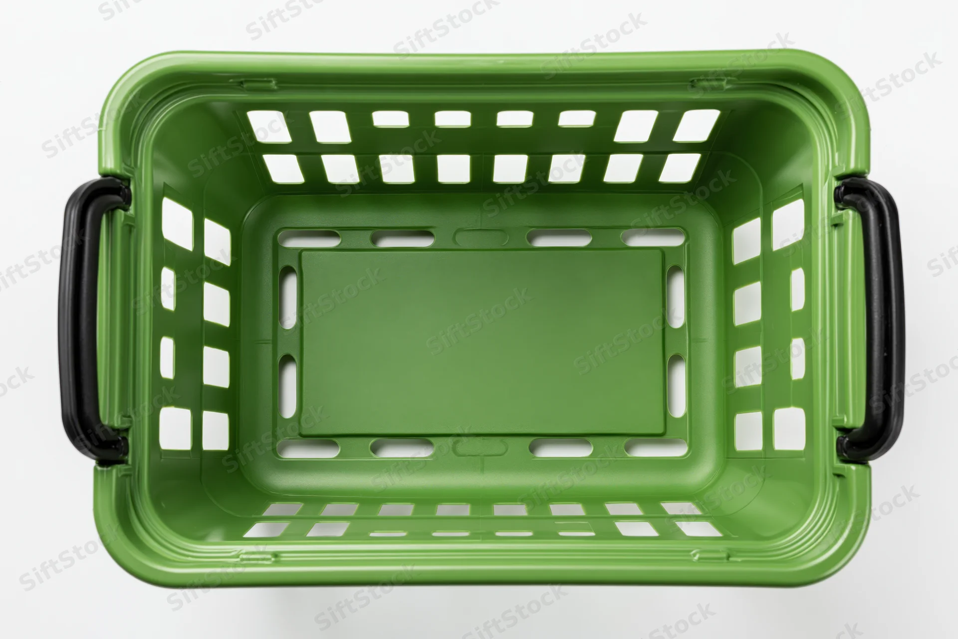Empty green plastic shopping basket viewed from directly above on white background