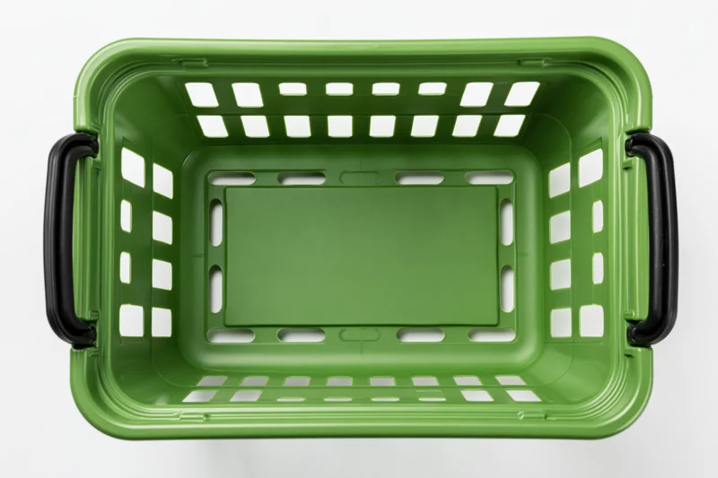 Empty green plastic shopping basket viewed from directly above on white background