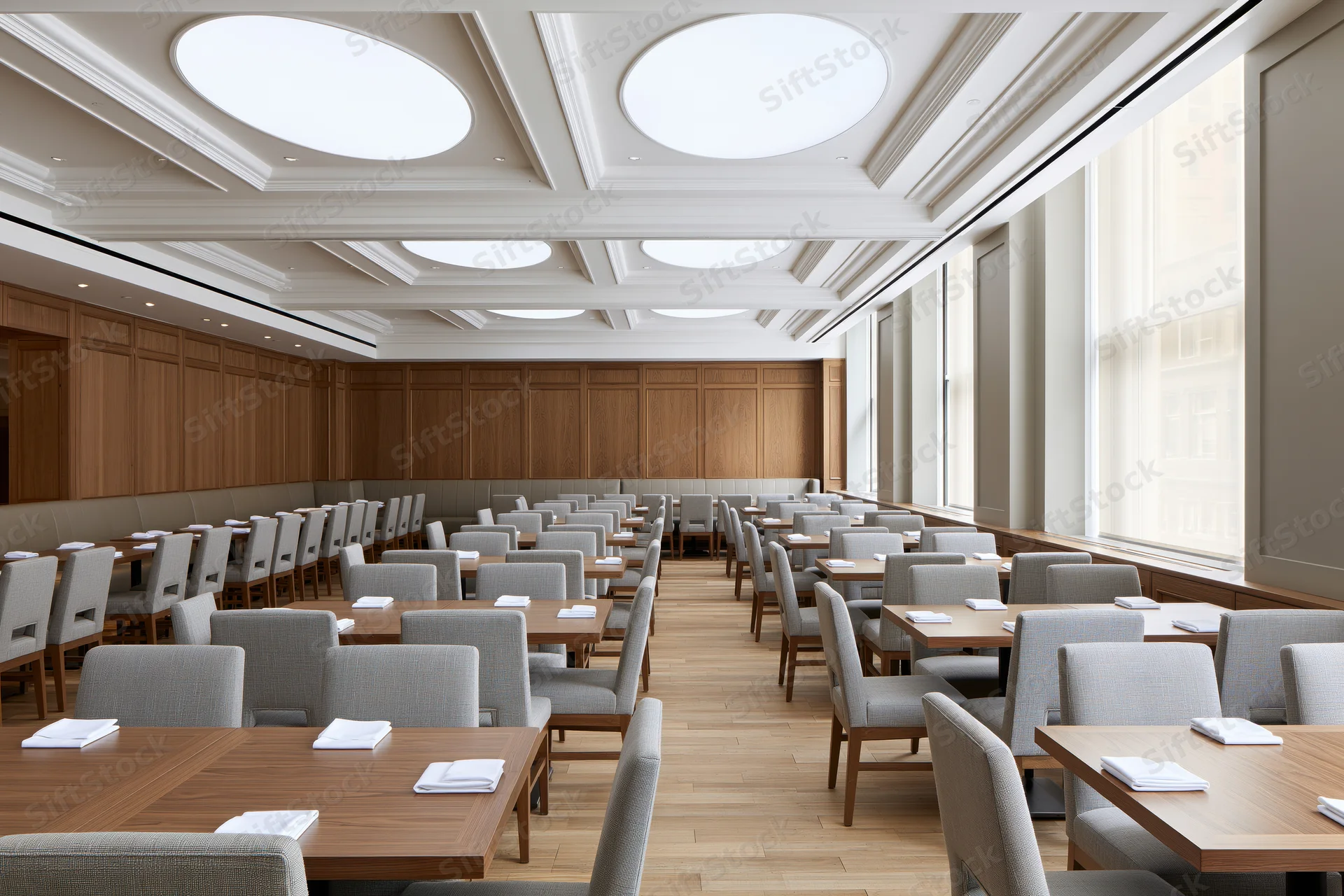 Empty hotel restaurant dining room with rows of tables and chairs arranged symmetrically near large windows