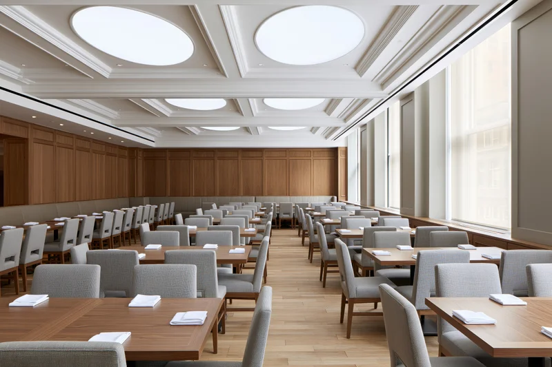Empty hotel restaurant dining room with rows of tables and chairs arranged symmetrically near large windows