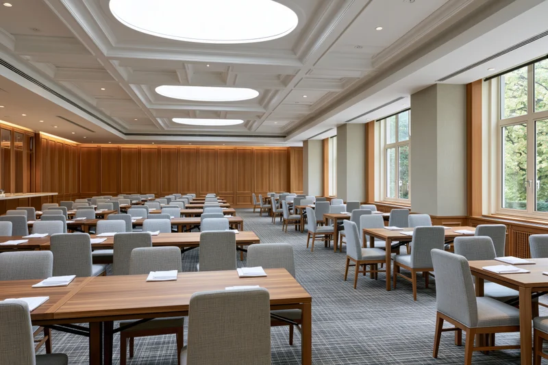 Empty hotel dining room with rows of rectangular wooden tables and upholstered chairs arranged for service