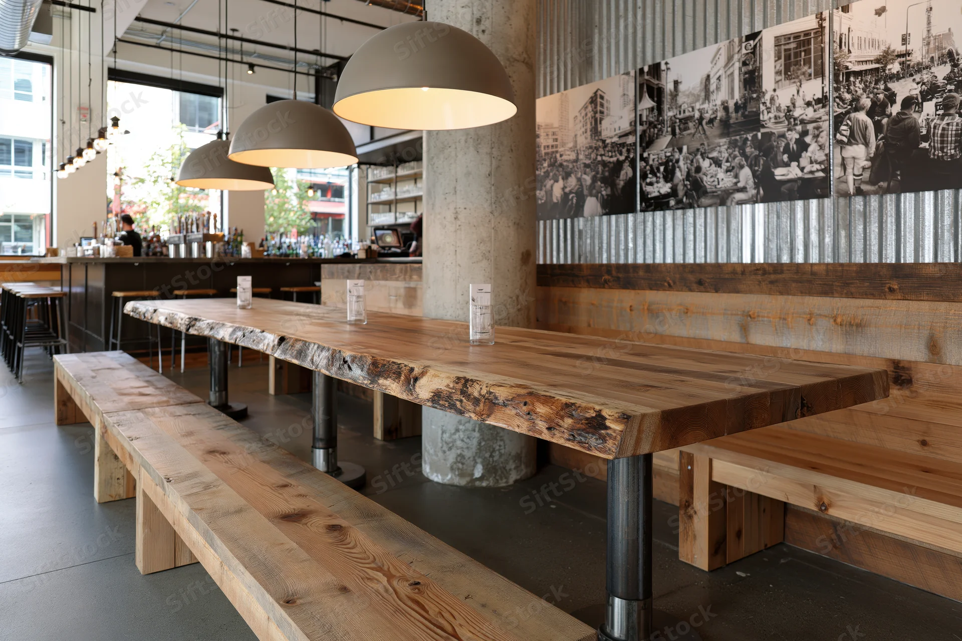 Long live-edge wooden table with benches and pendant lights in an industrial restaurant interior