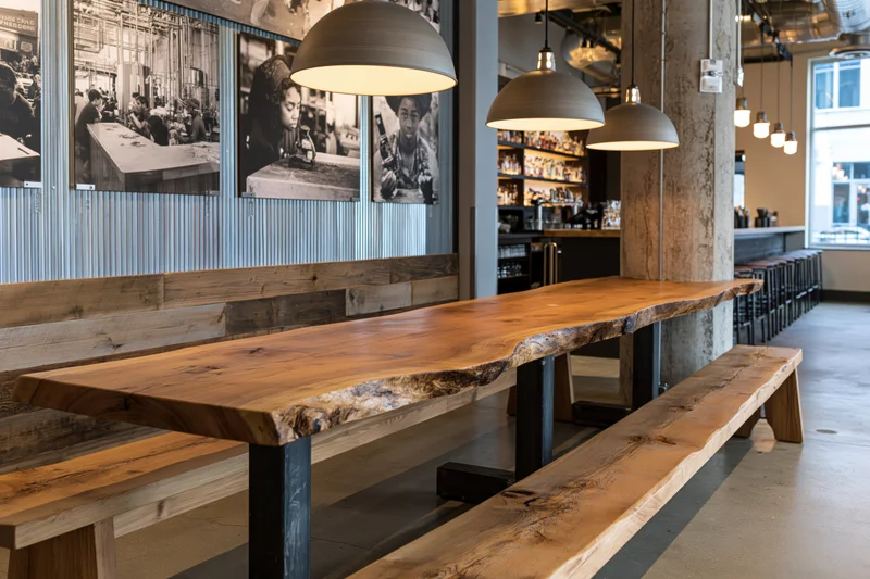 Long live-edge wood table with benches under pendant lights in industrial restaurant interior