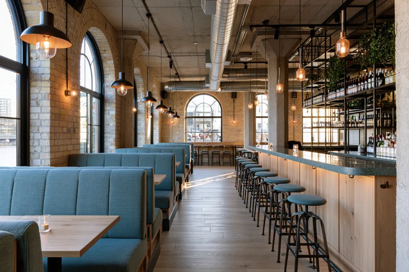Empty industrial-style restaurant interior with teal booth seating and bar counter along the side