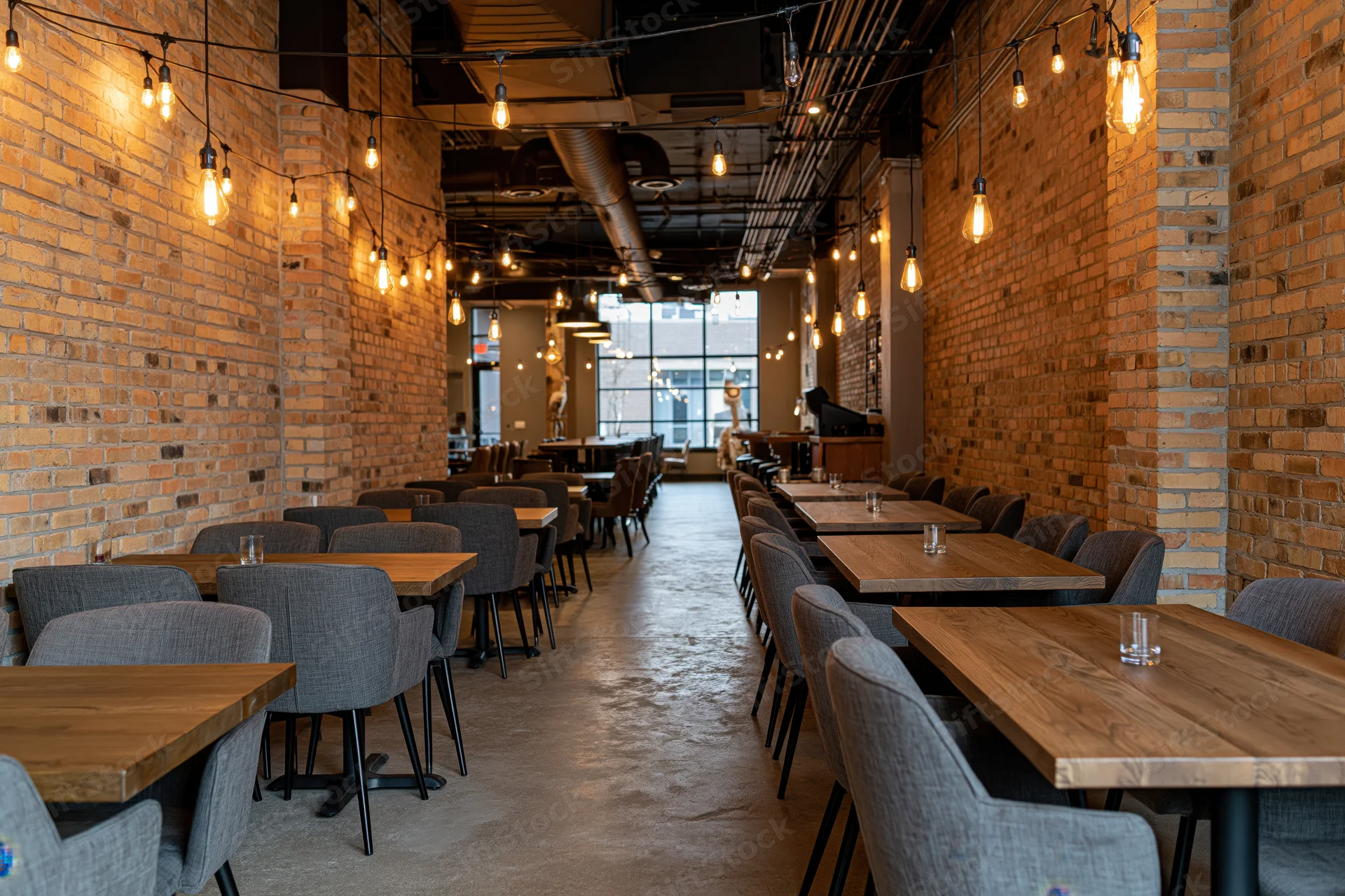 Empty industrial-style restaurant interior with wooden tables and exposed brick walls