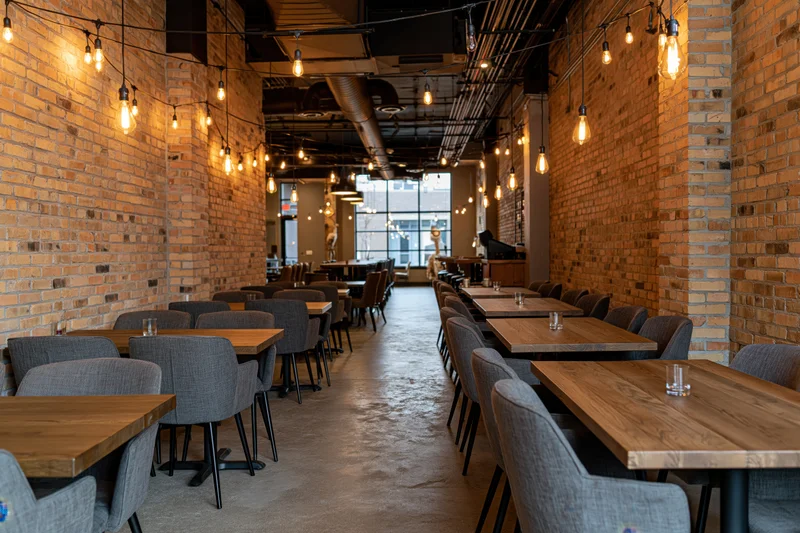Empty industrial-style restaurant interior with wooden tables and exposed brick walls