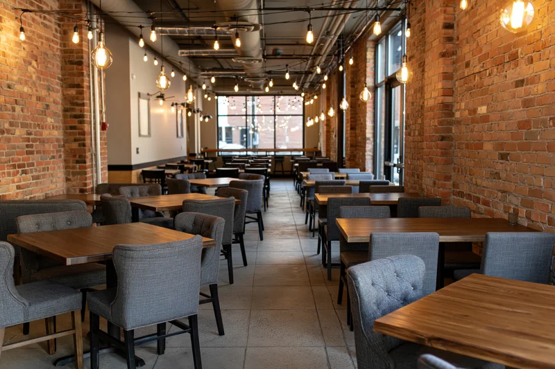Empty industrial-style restaurant interior with wooden tables and exposed brick walls