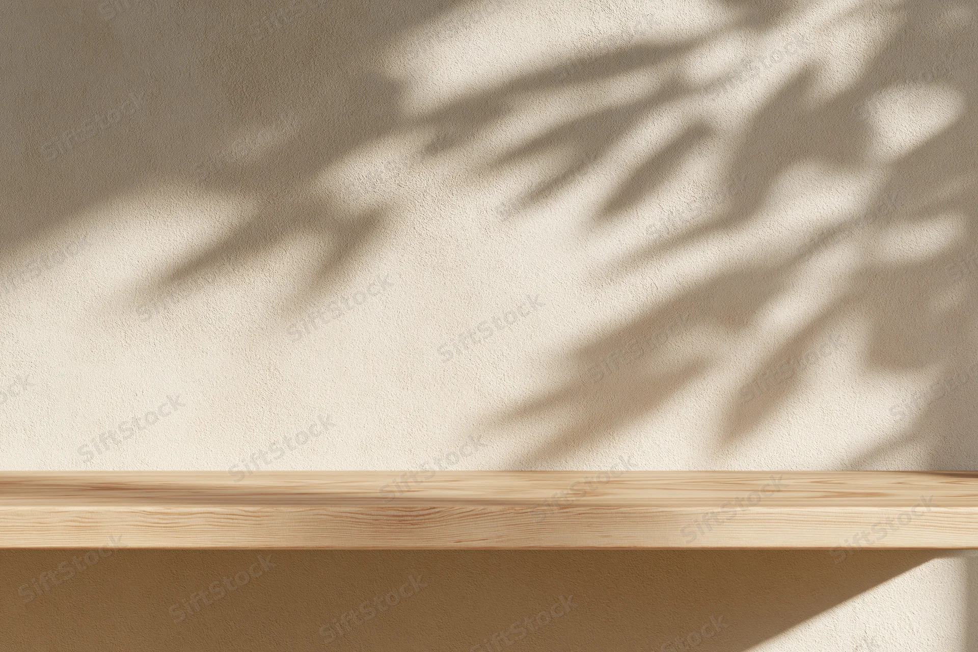 Light wood shelf mounted on textured plaster wall with dappled leaf shadows