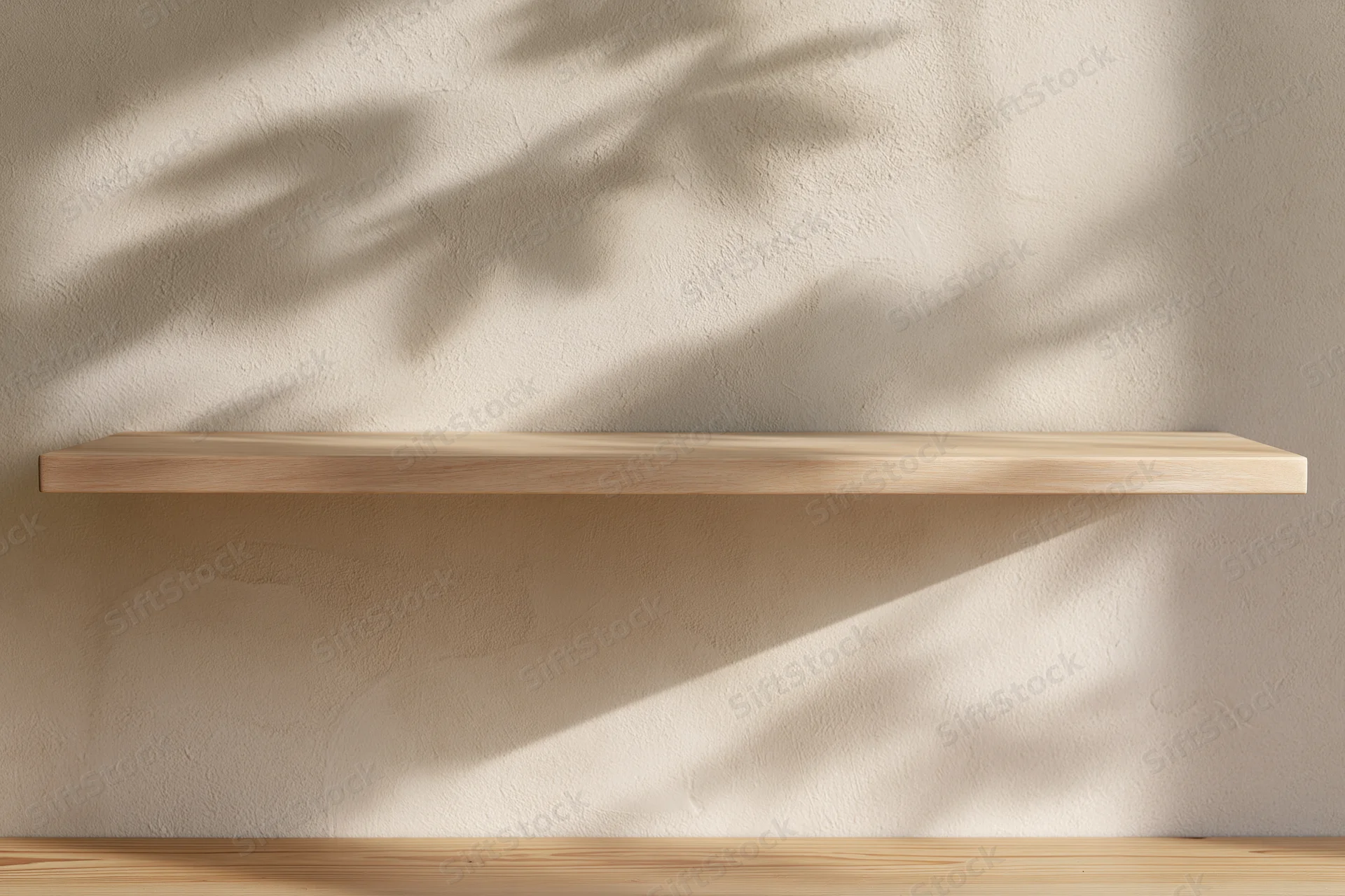 Empty light wood shelf mounted on textured plaster wall with leaf shadows from sunlight