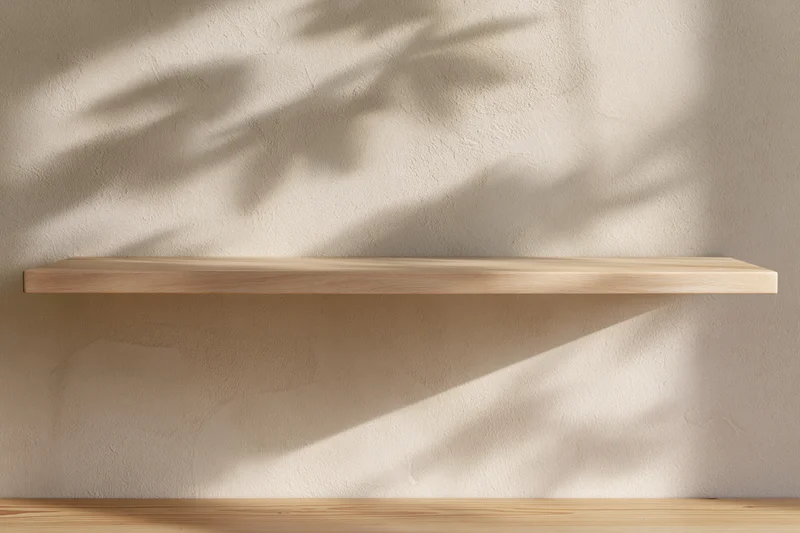 Empty light wood shelf mounted on textured plaster wall with leaf shadows from sunlight