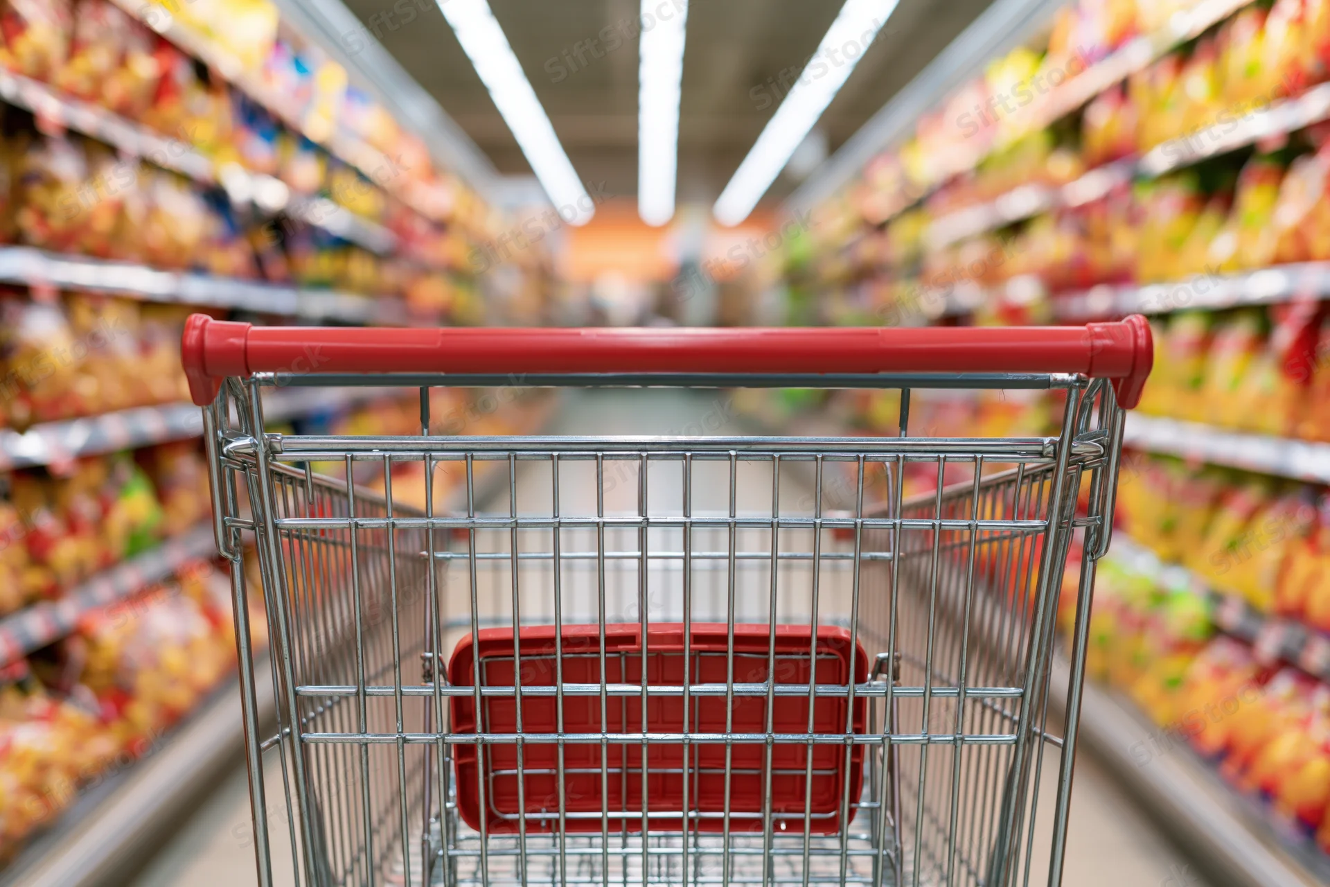 Shopping cart with red child seat viewed from behind in a supermarket aisle