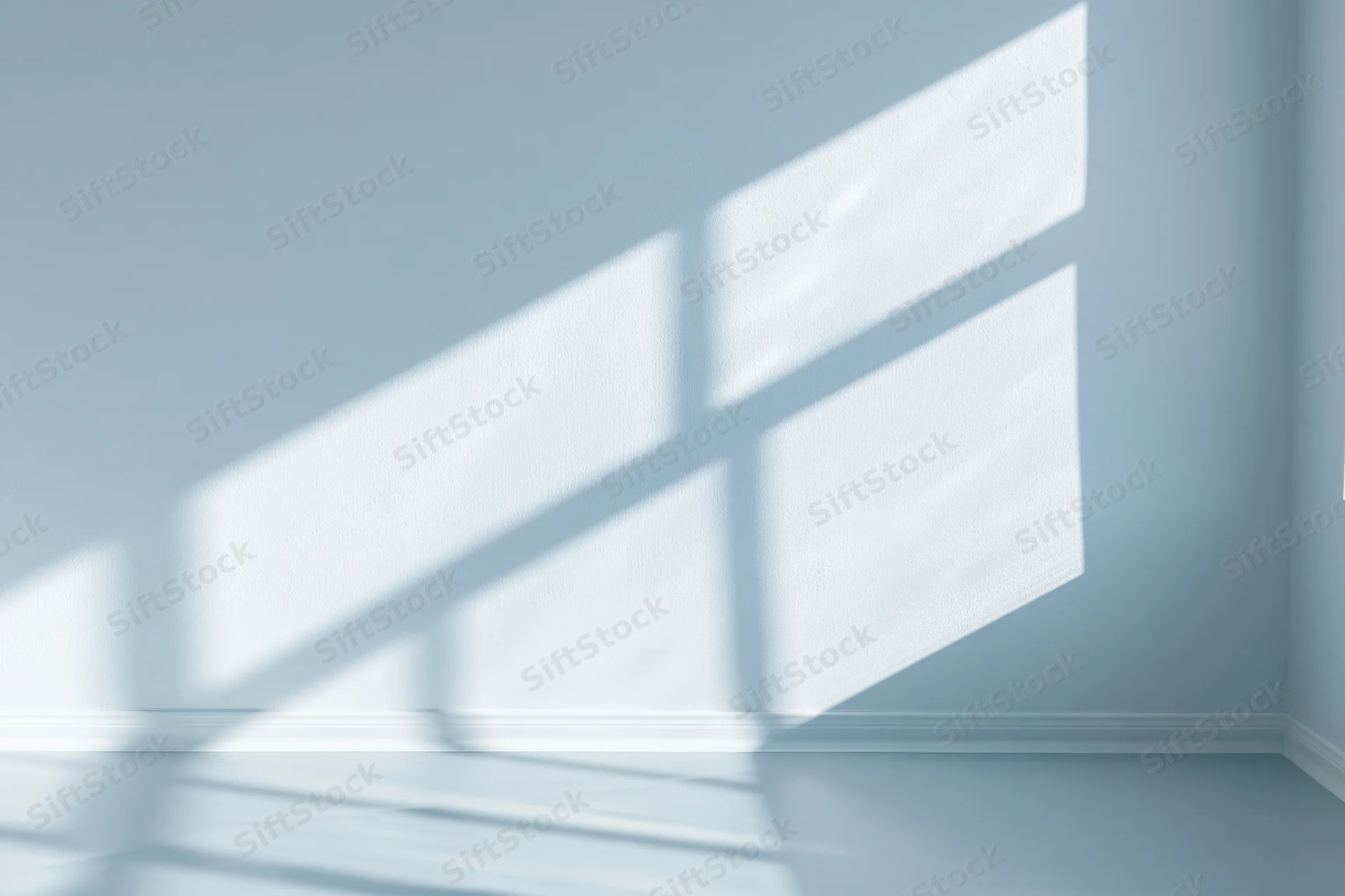 Empty minimalist room with pale blue walls and sunlight casting window shadows on floor and wall