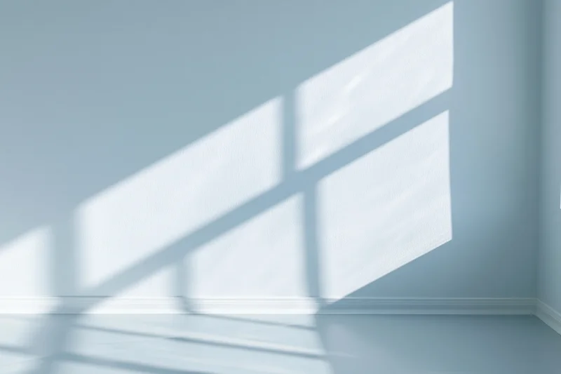 Empty minimalist room with pale blue walls and sunlight casting window shadows on floor and wall