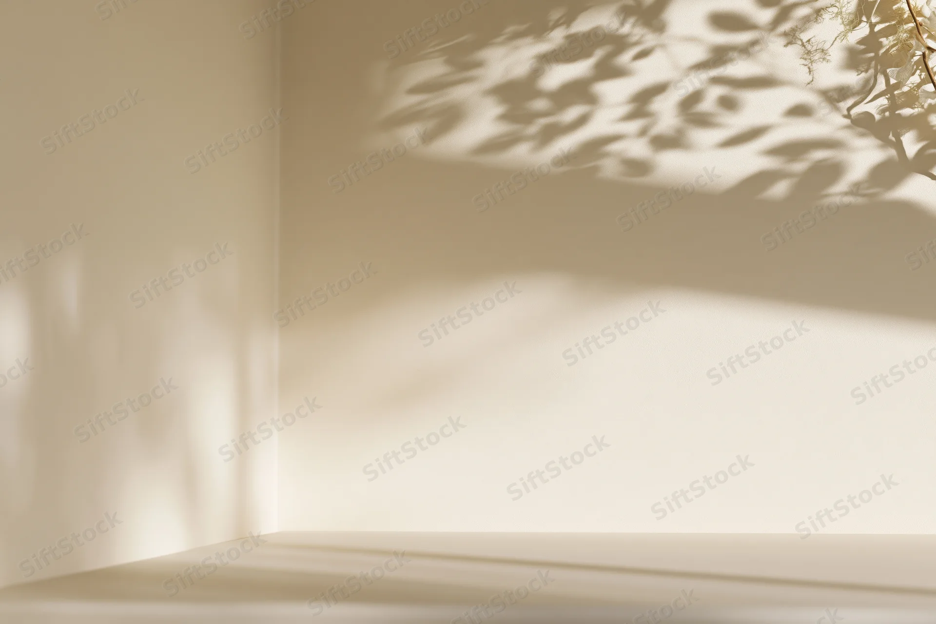 Minimalist studio corner with dappled sunlight and plant shadows on beige walls