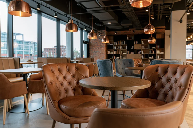 Modern cafe interior with tufted brown leather chairs and round wooden tables near large windows overlooking city buildings