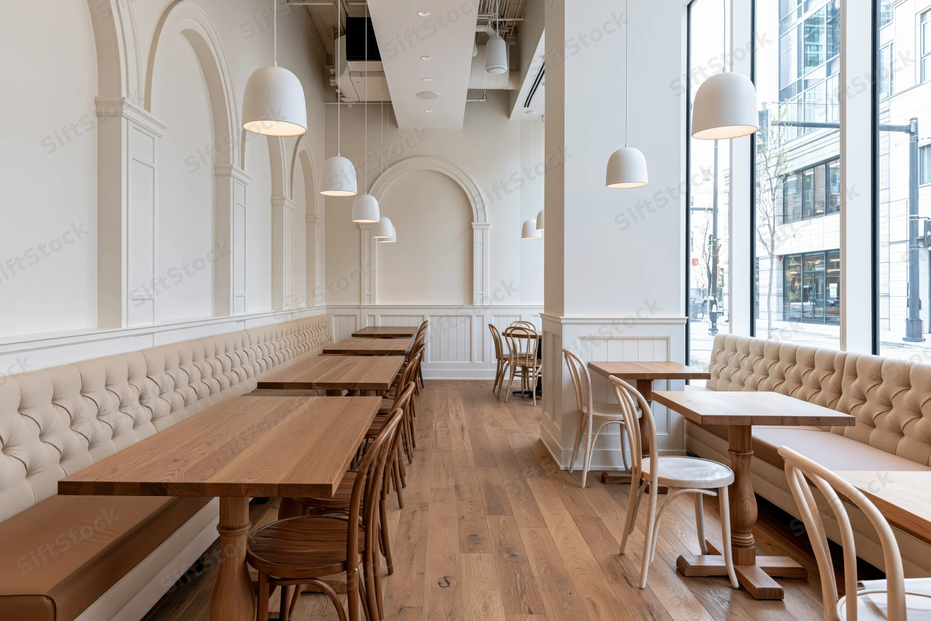 Modern cafe interior with wooden tables and tufted booths along arched walls near large windows