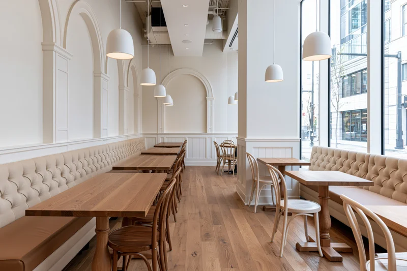 Modern cafe interior with wooden tables and tufted booths along arched walls near large windows