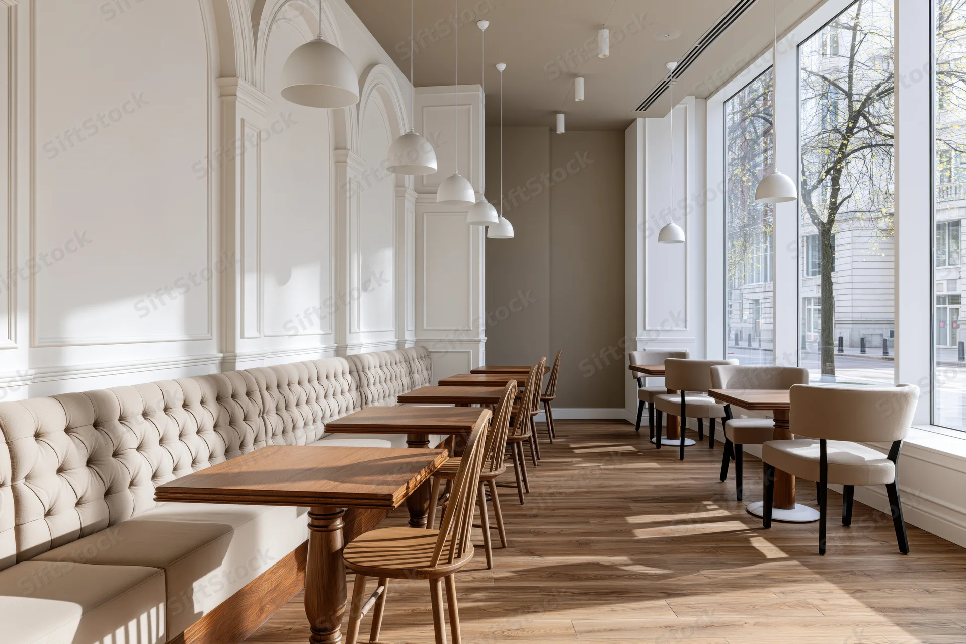 Modern cafe interior with wooden tables and tufted booths along white paneled walls near large windows