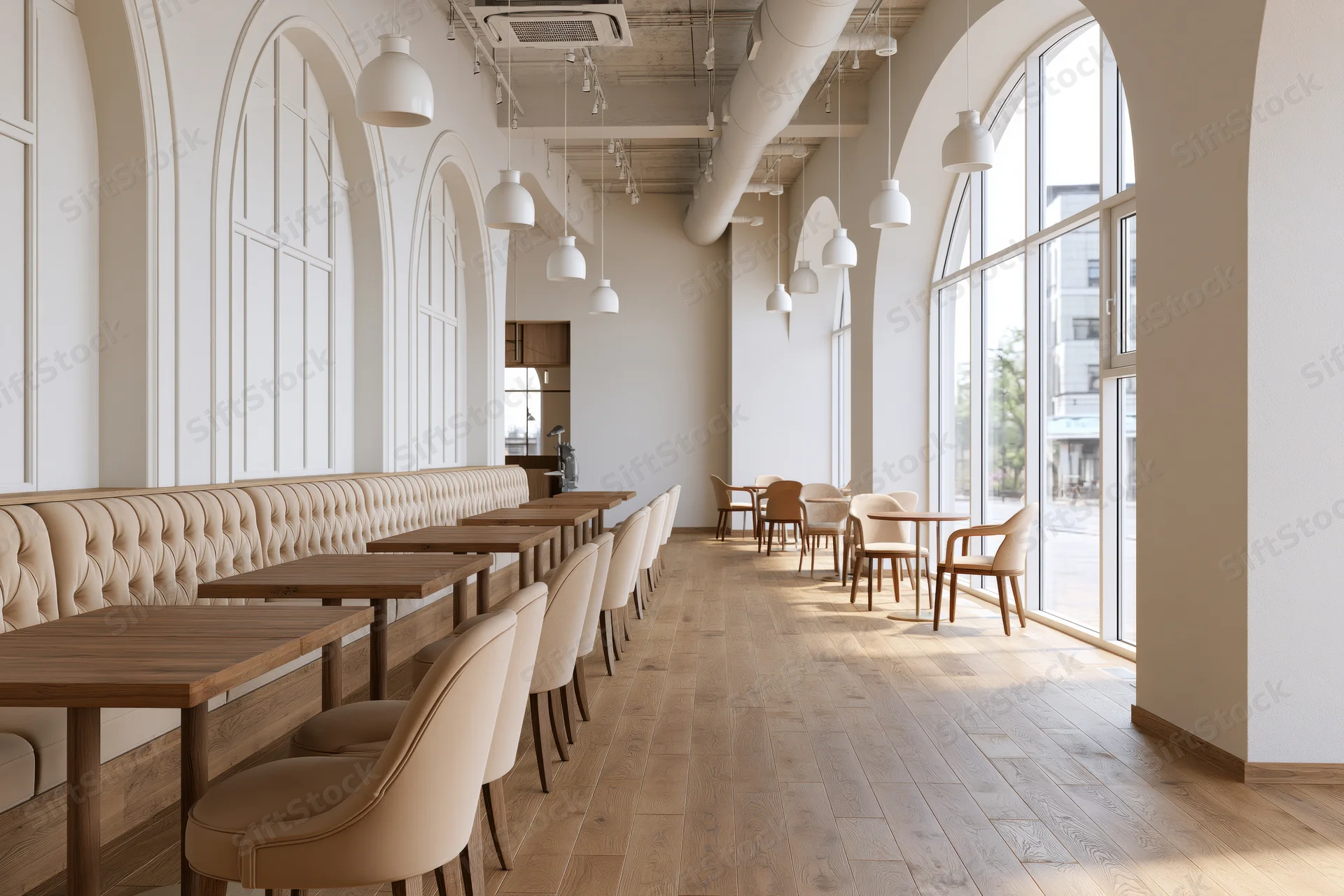 Modern cafe interior with wooden tables and tufted booths along arched windows