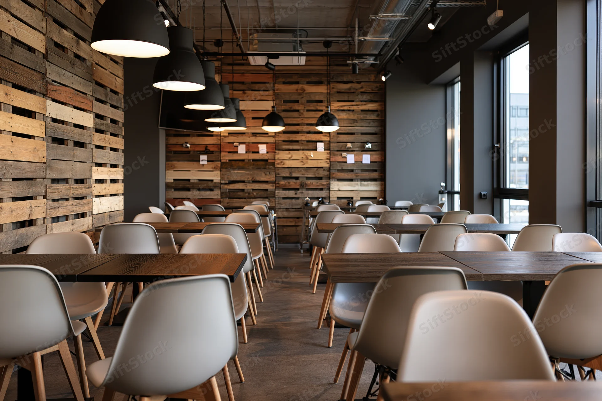 Empty modern cafe interior with rows of dark wood tables and light gray chairs under pendant lights