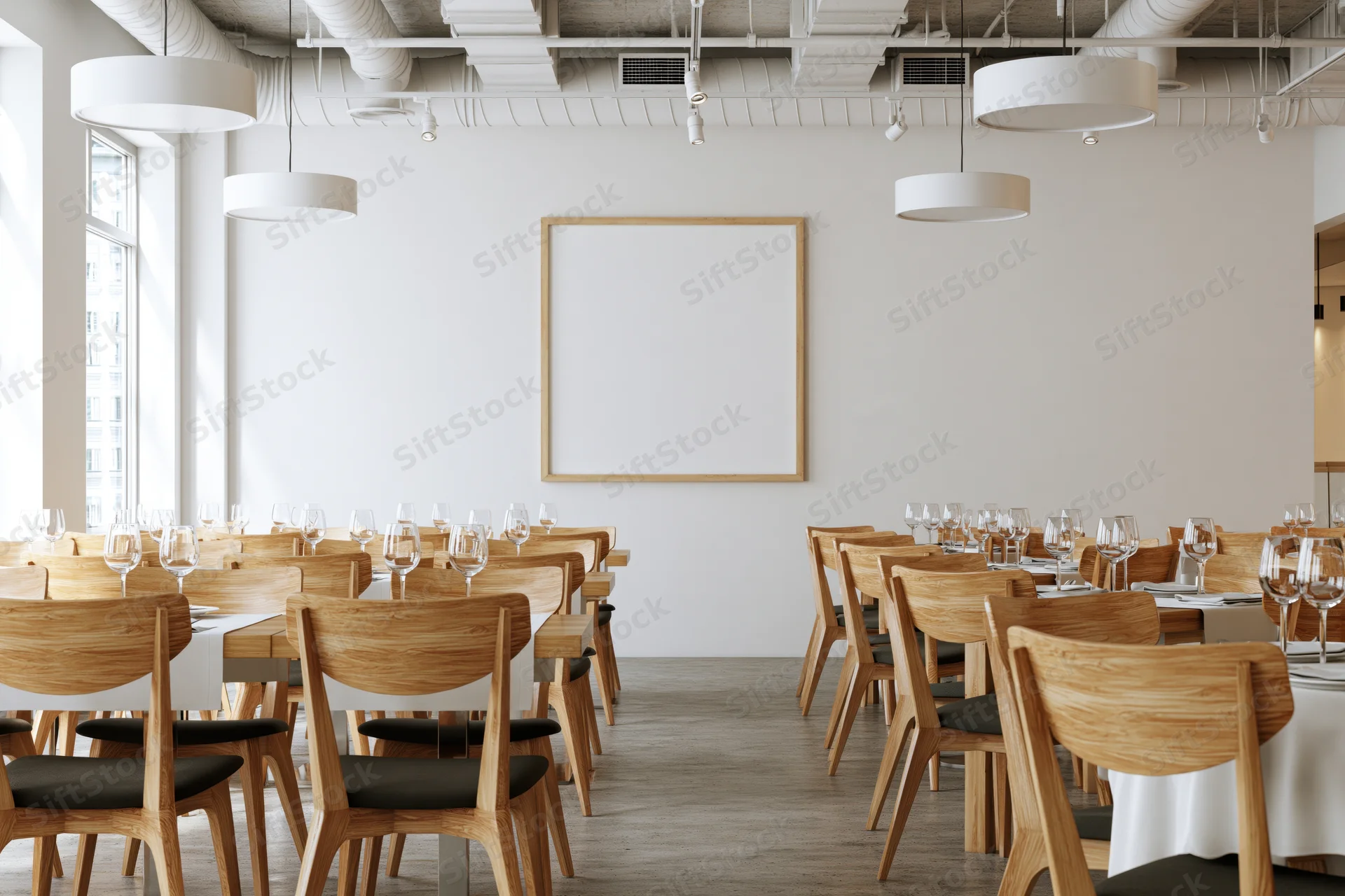 Empty modern restaurant dining room with rows of wooden chairs and tables set with wine glasses and white tablecloths under pendant lights and exposed ceiling pipes