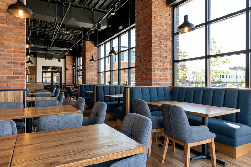 Modern restaurant interior with wooden tables and blue upholstered booths by large windows