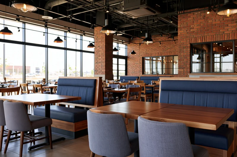 Empty modern restaurant interior with wooden tables and blue booths during daytime