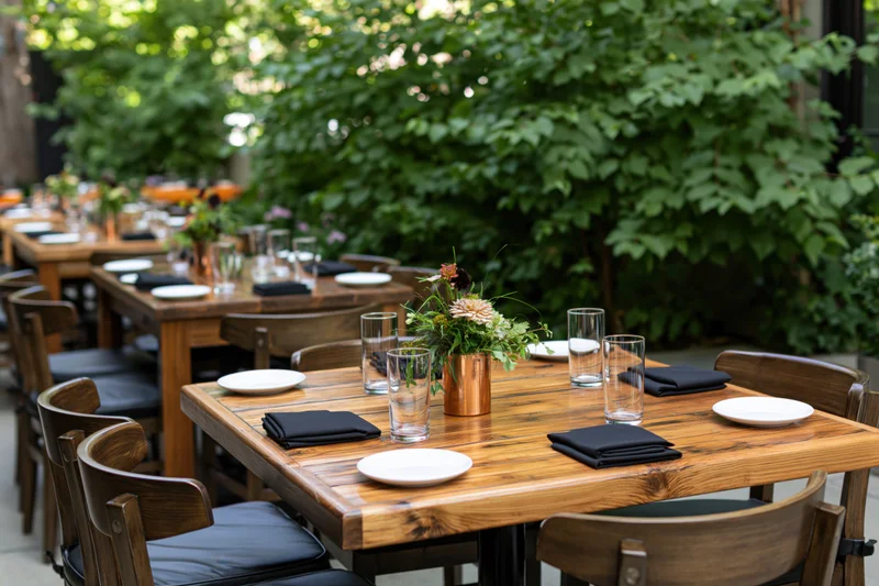Wooden tables set for dining on an outdoor restaurant terrace with greenery in the background