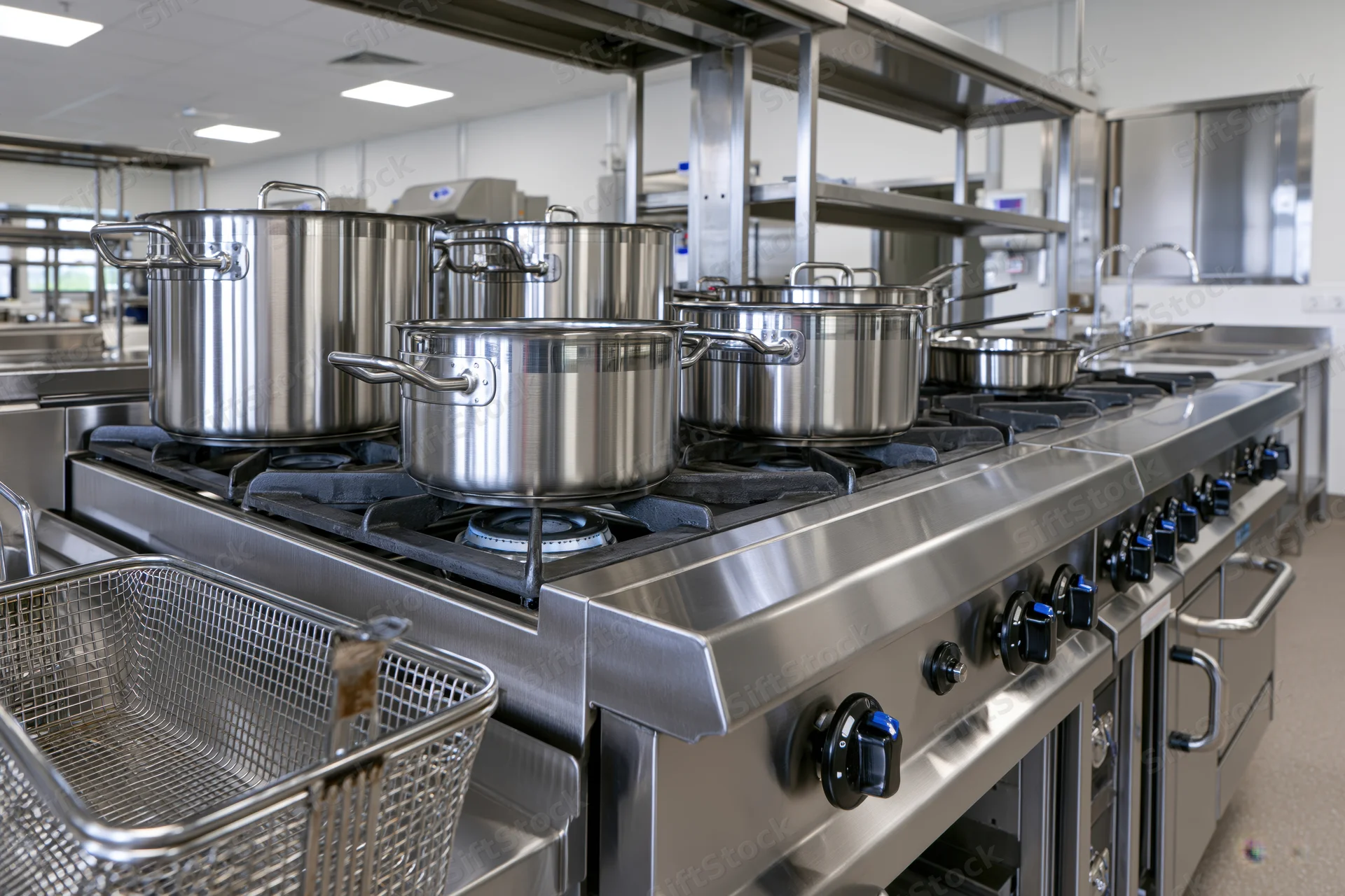 Stainless steel commercial kitchen with gas stove and cookware on burners
