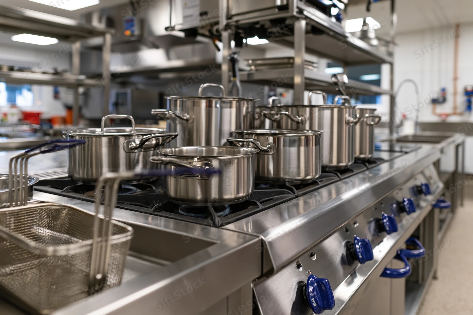 Stainless steel pots on gas stove in empty commercial kitchen