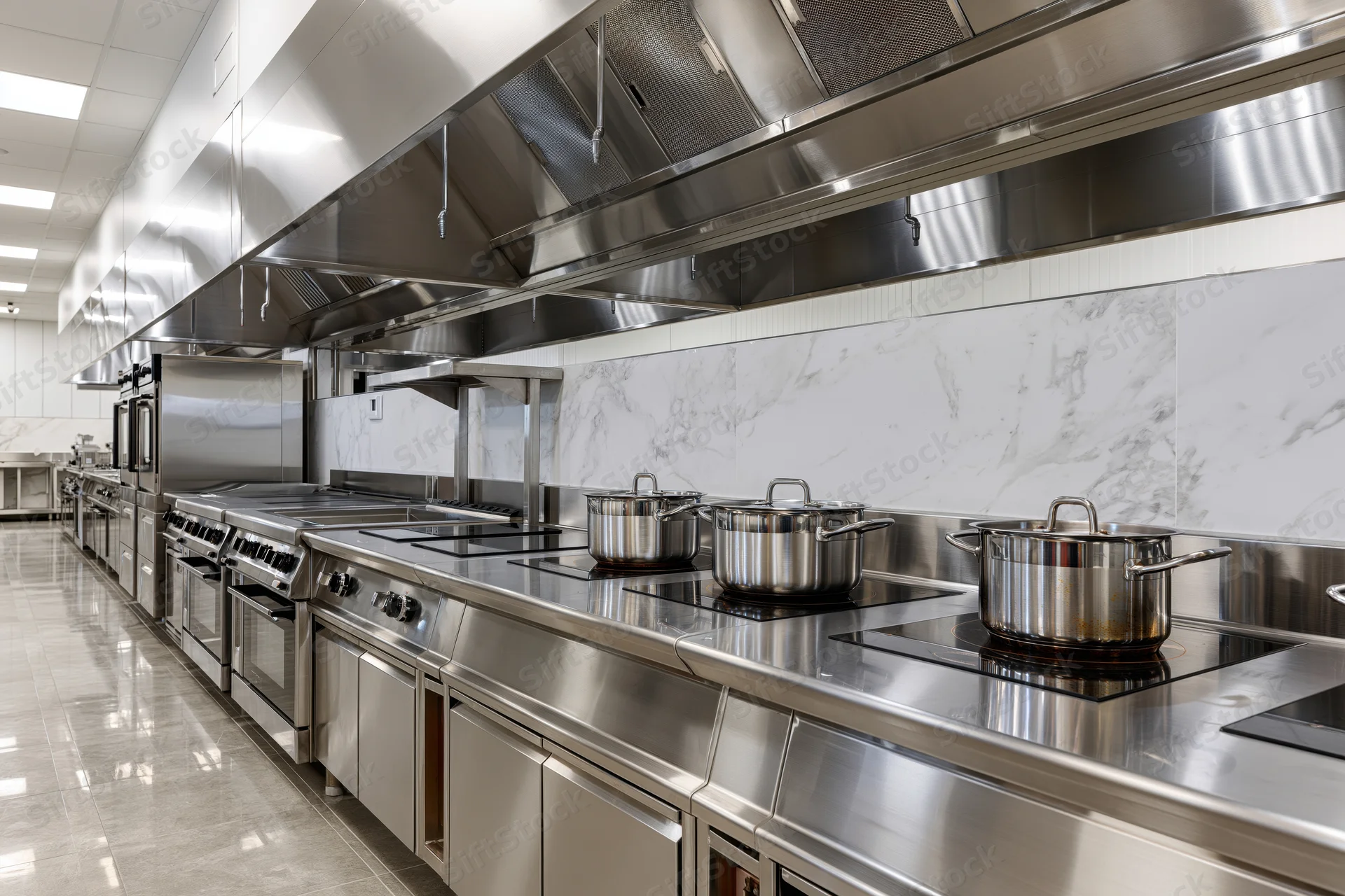 Stainless steel commercial kitchen with cooking equipment and ventilation hood
