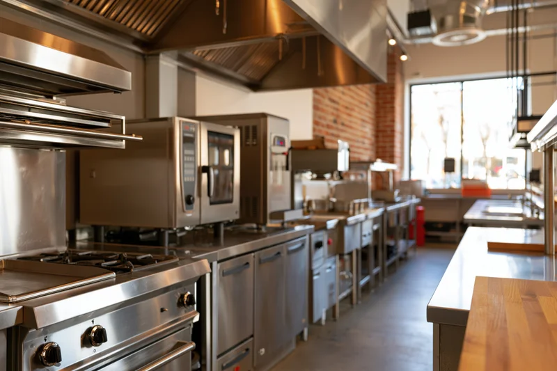 Wide view of empty professional restaurant kitchen with stainless steel appliances and brick walls