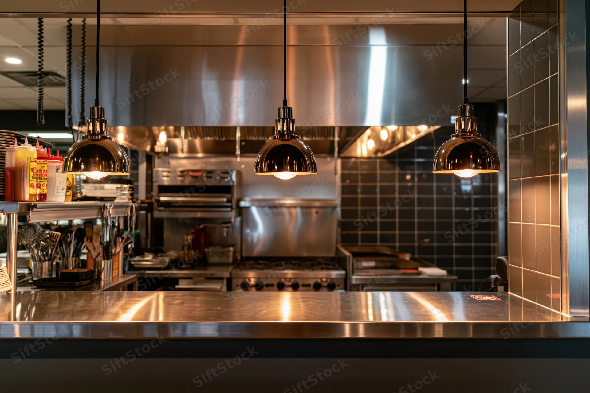 Open kitchen with stainless steel counter and pendant lights viewed from dining area