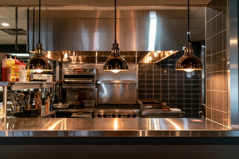 Open kitchen with stainless steel counter and pendant lights viewed from dining area