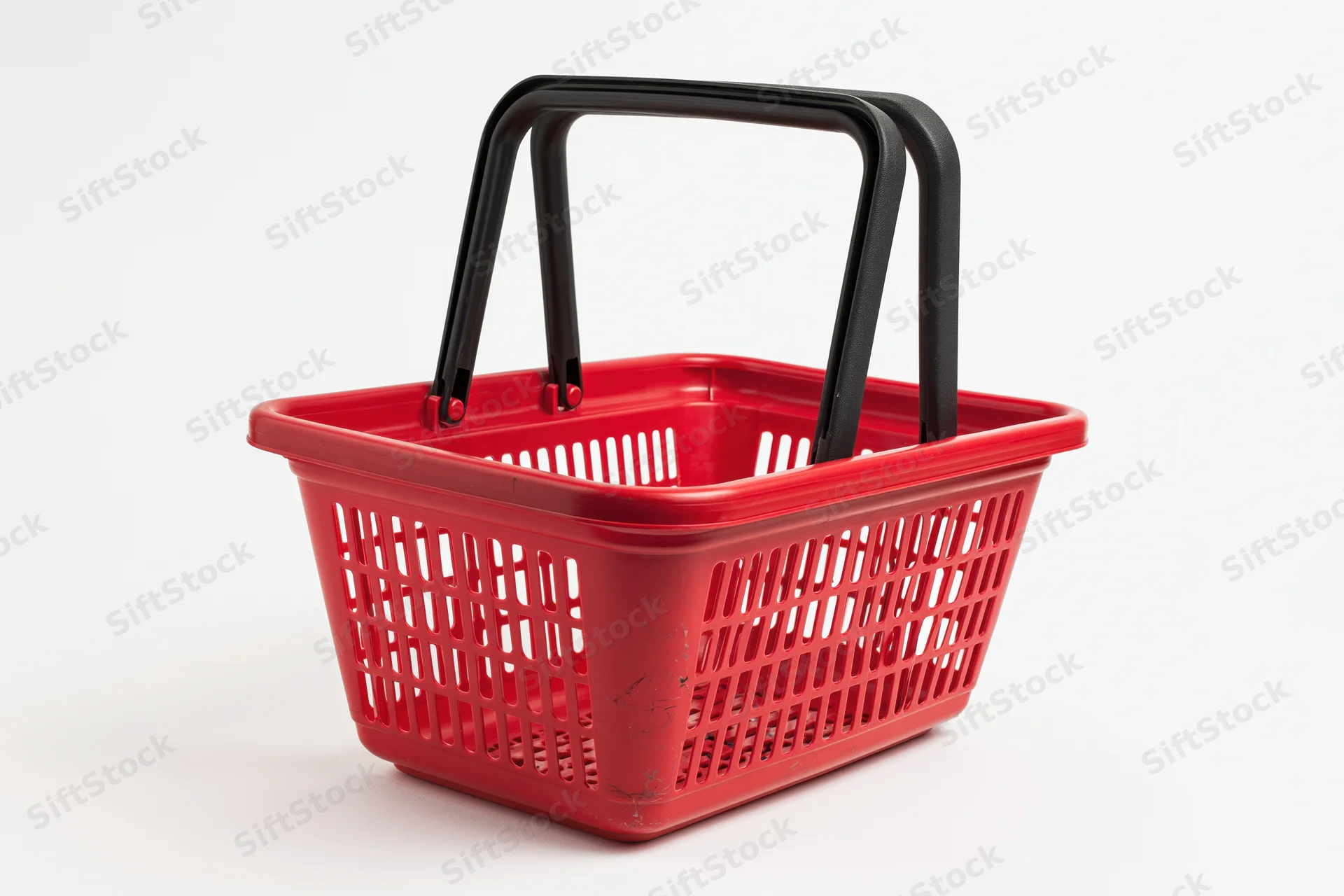 Red plastic shopping basket with black handles on white background