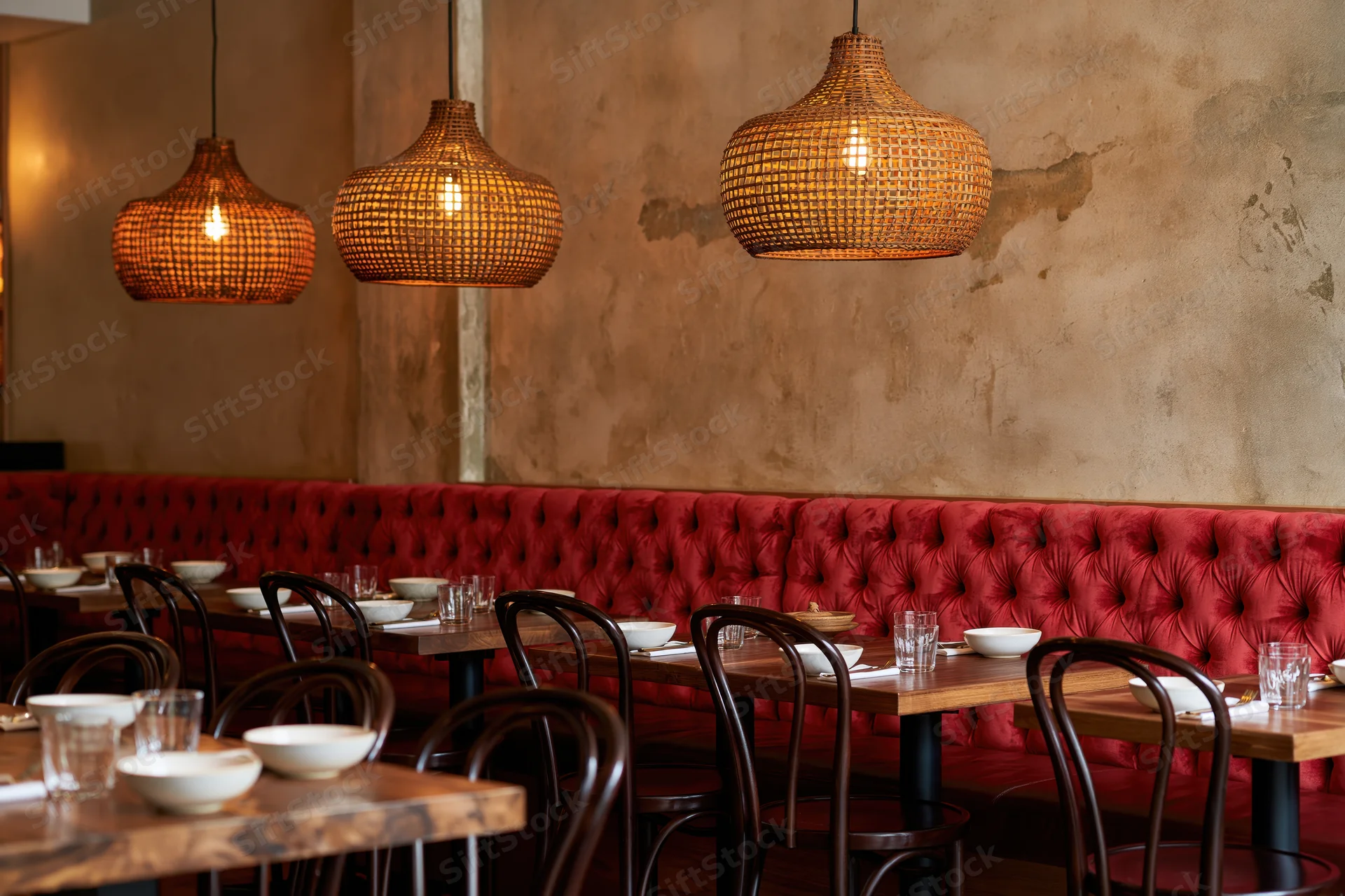 Empty restaurant dining room with wooden tables and red tufted booths under wicker pendant lights