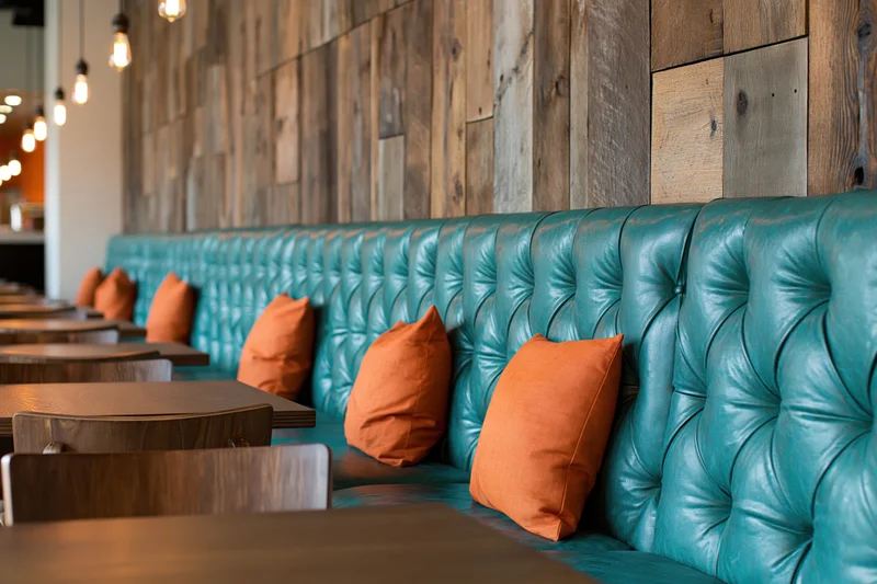 Row of tufted teal vinyl booths with orange pillows along a wooden wall in a restaurant dining area