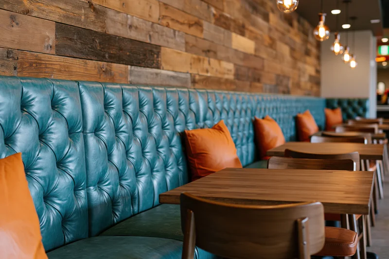 Row of tufted teal vinyl booths with orange pillows and wooden tables in empty restaurant dining room